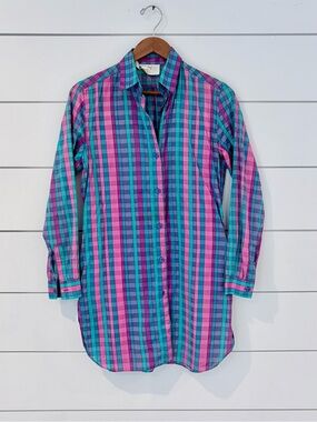 Vintage Gottex Plaid Shirt Dress Cotton Preppy Coastal Core Pockets Womens S